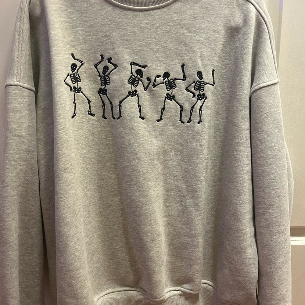 Gray Crew Neck Sweater with Dancing Skeleton Design
